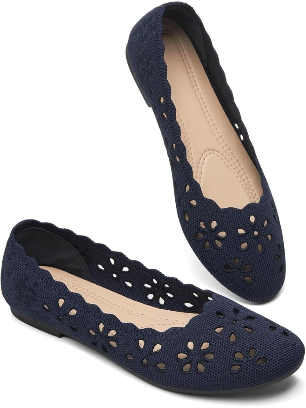 Women's Navy Mesh Floral Ballet Flats Comfortable Slip On Casual Walking Shoes
